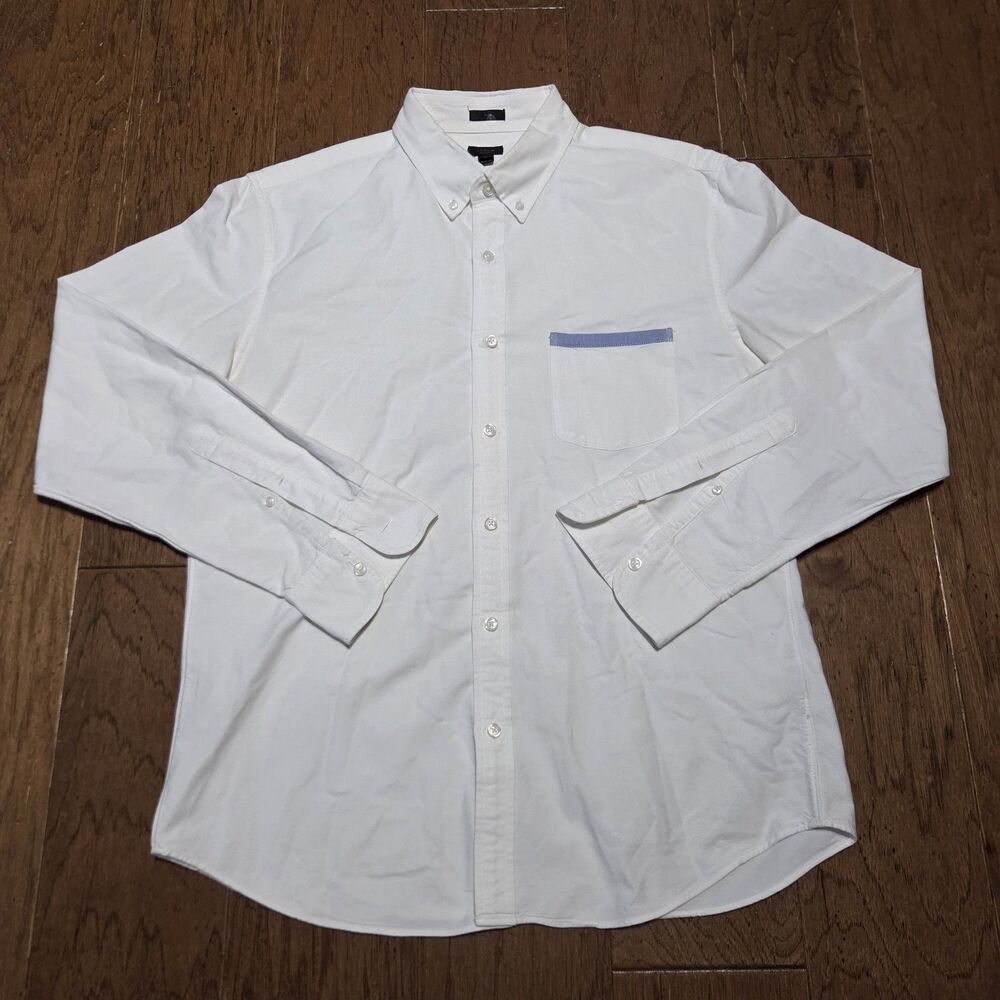 J Crew Men's Large Button Down Oxford Slim Fit Solid White Shirt Long Sleeves